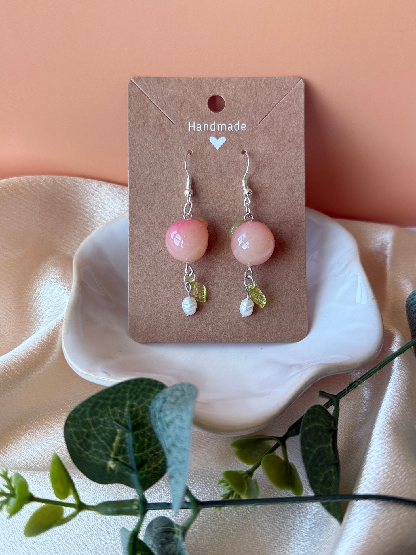 August Pre-Order White Peach Earrings, Necklace & Phone Charm